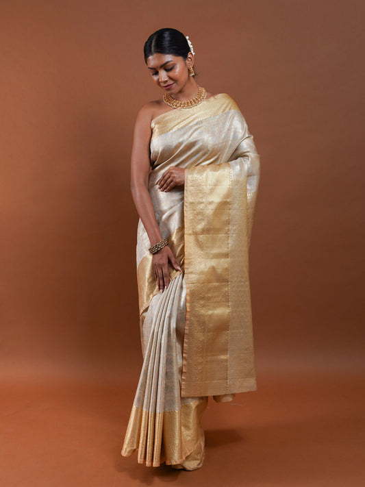 Golden Silk Saree with Silver Body and Gold Zari Border