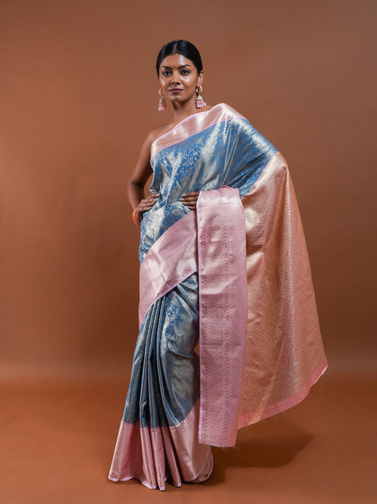 Sky Blue and Bush Pink Silk Saree