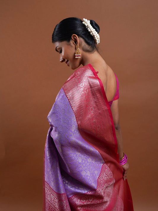 Lavender Silk Saree with Magenta Zari Border