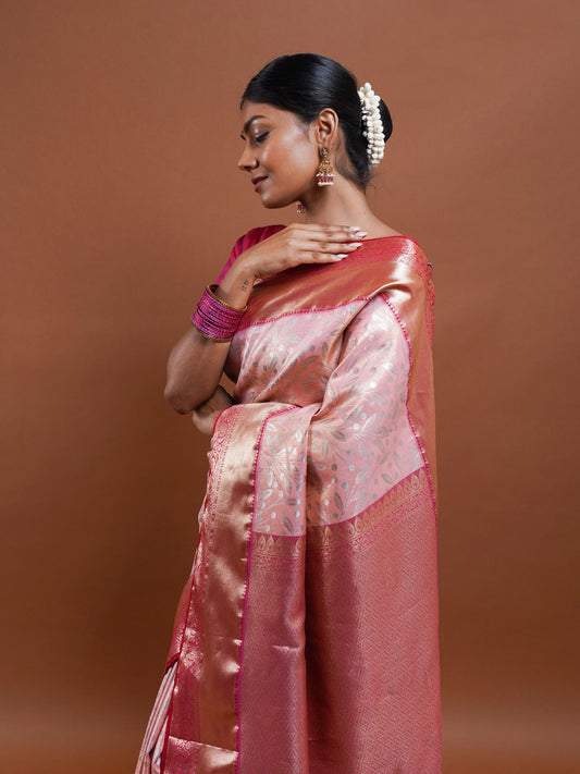 Pink and Gold Silk Saree with Silver Zari