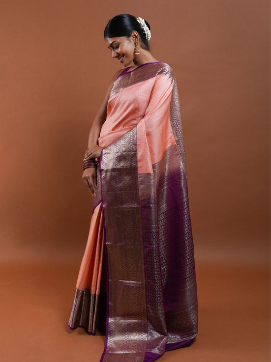 Peach and Purple Silk Saree with Antique Zari Work