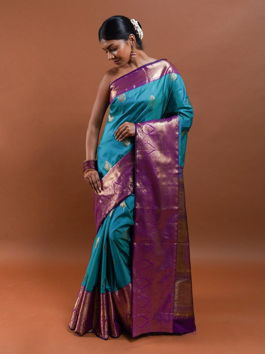 Teal and Purple Traditional Silk Saree with Zari Work