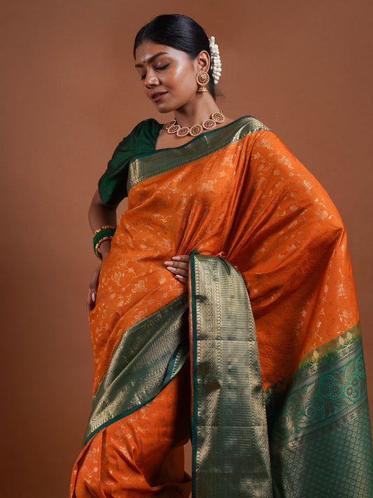 Amber Orange Silk Saree with Green Zari Border