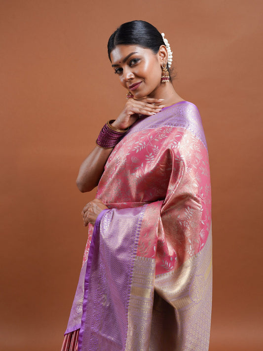 Peach and Lavender Silk Saree with Zari Detailing