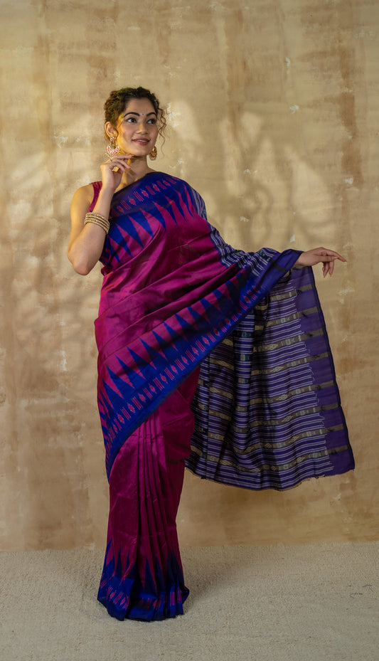 Rose Bud Cherry and Royal Blue Ikkat Silk Saree