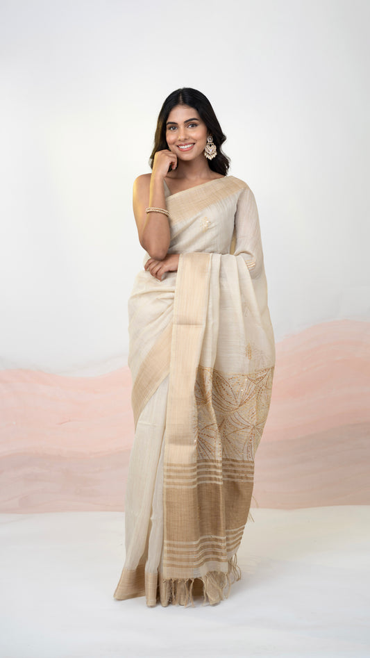 Beige and Gold Cotton-Linen Hand Embroidered Saree