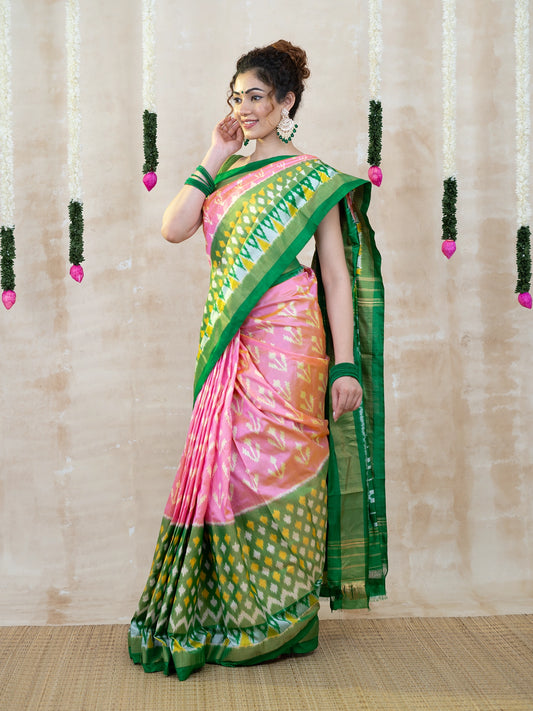 Baby Pink & Green Half Tissue Pochampally Ikkat Pure Silk Saree