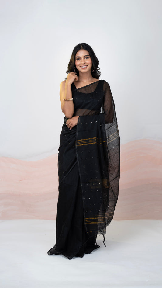 Black with Gold Stripes Blended Cotton Saree