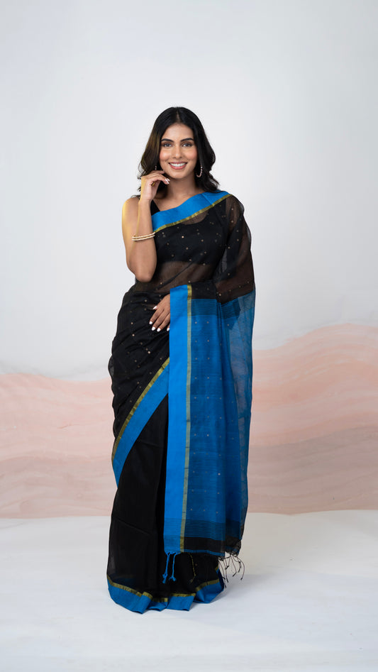 Black & Blue Matka Silk Saree