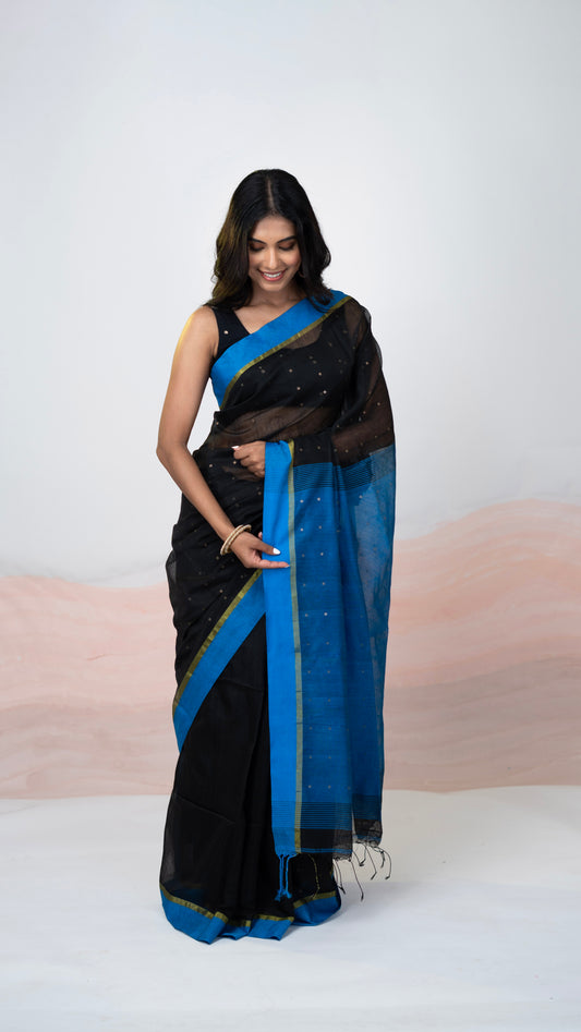 Black & Blue Matka Silk Saree