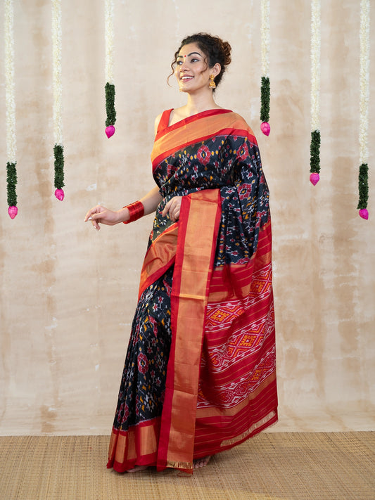 Black & Red Navratan Patola Zari Pochampally Pure Silk Saree