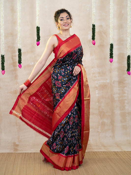 Black & Red Navratan Patola Zari Pochampally Pure Silk Saree