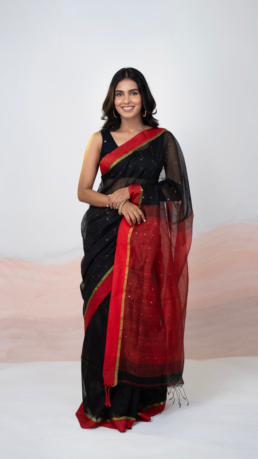 Black & Red Matka Silk Saree