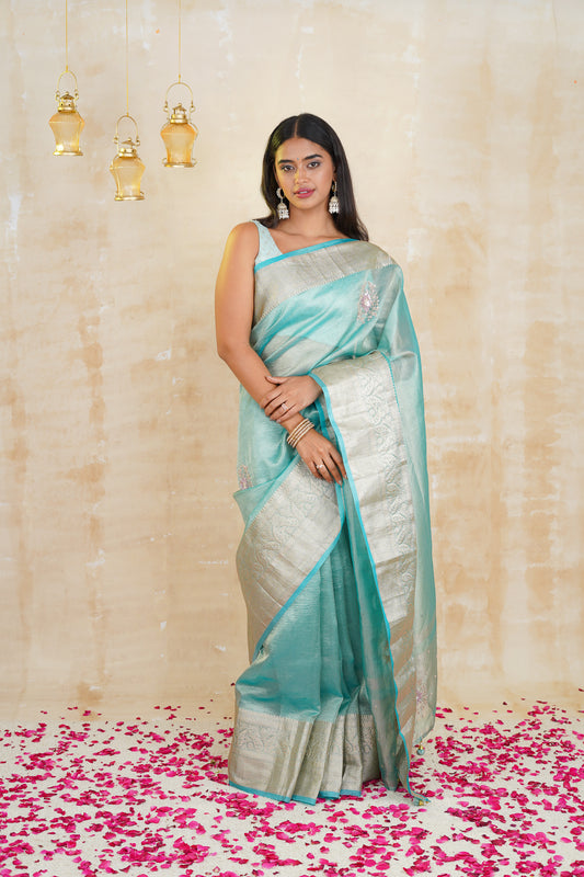 Aqua Blue Crushed Tissue Saree With Silver Zari