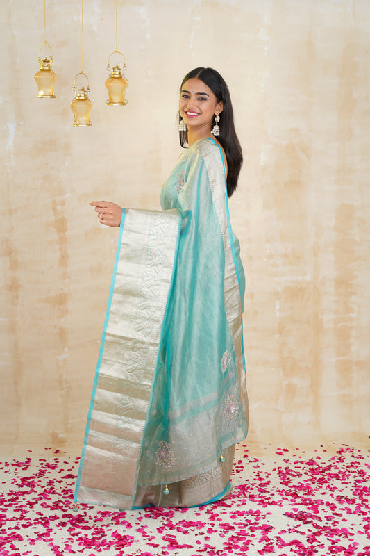 Aqua Blue Crushed Tissue Saree With Silver Zari