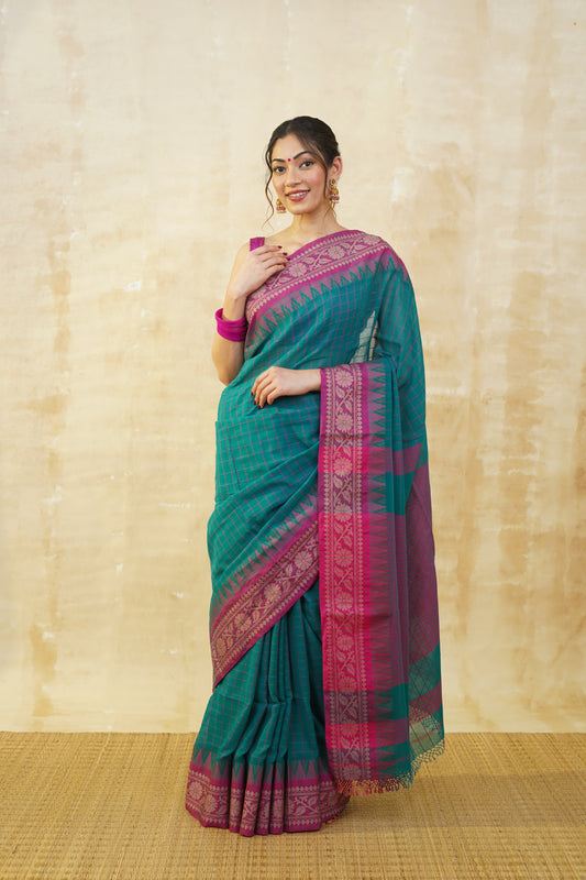 Teal Green & Pink Checked Pure Cotton Saree