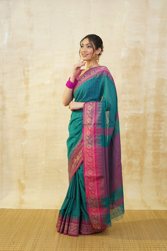 Teal Green & Pink Checked Pure Cotton Saree