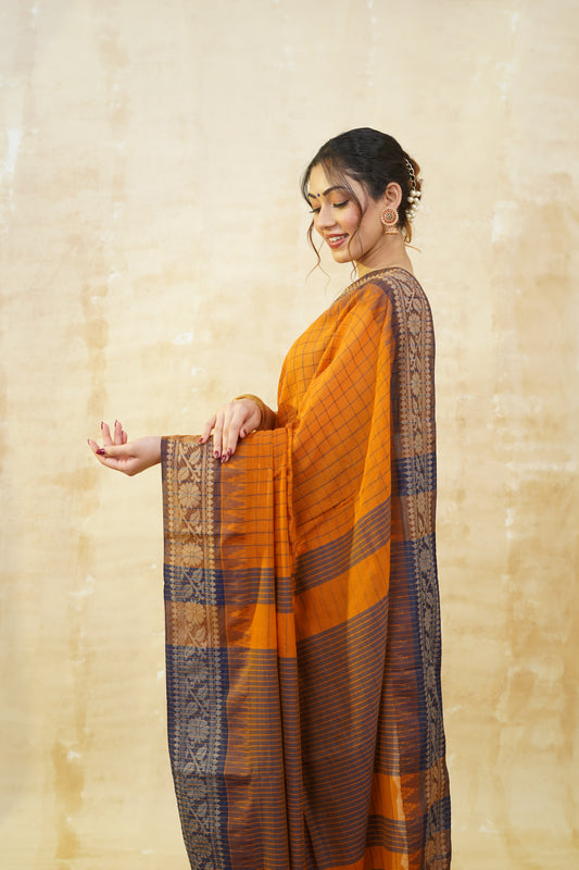 Orange & Brown Checked Pure Cotton Saree