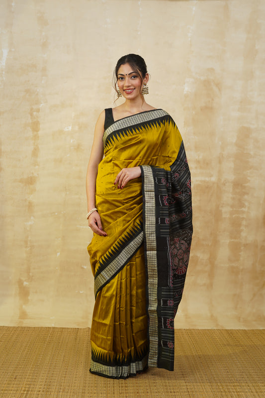 Golden Yellow & Black Ikkat Silk Saree