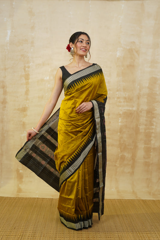 Golden Yellow & Black Ikkat Silk Saree