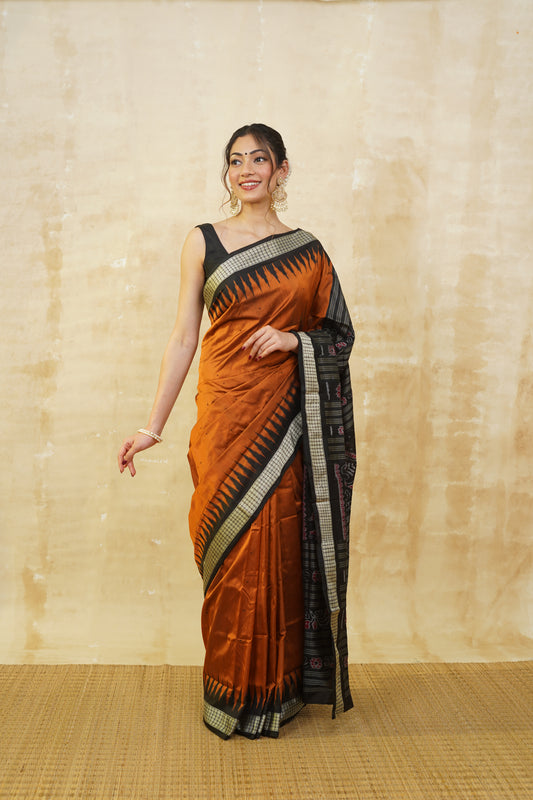 Burnt Orange & Black Ikkat Silk Saree