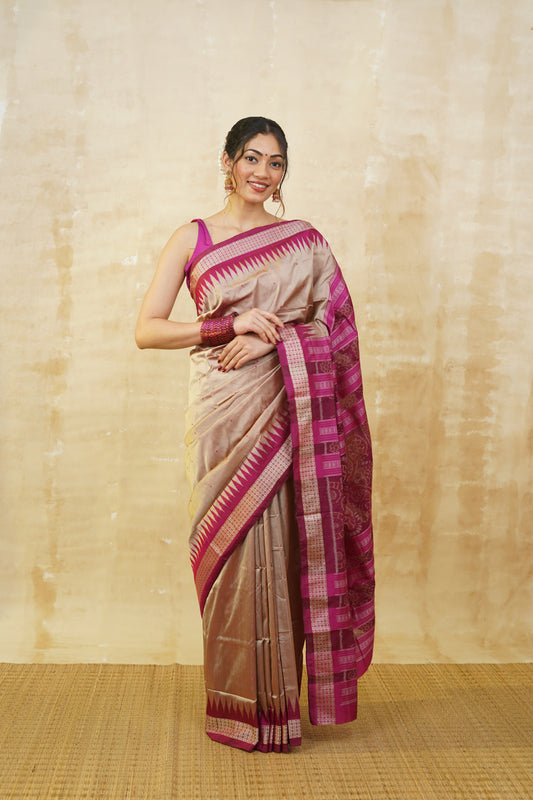 Champagne Gold with Pink Ikkat Silk Saree