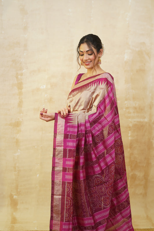 Champagne Gold with Pink Ikkat Silk Saree