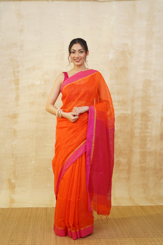 Vivid Orange & Pink Cotton Saree