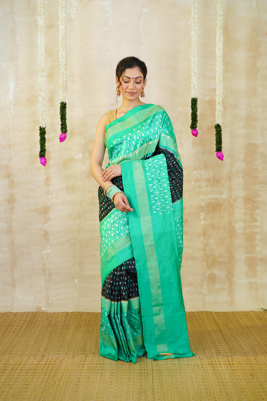 Black Pochampally Pure Silk Saree with Mint Green Tissue Border & White-Green Motifs