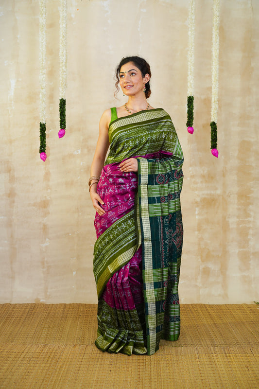 Magenta & Moss Green Sambalpuri Silk Saree