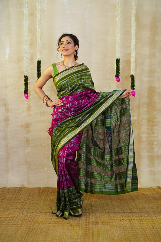 Magenta & Moss Green Sambalpuri Silk Saree
