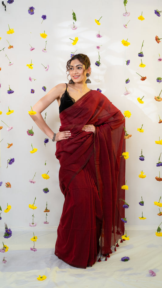 Brownish Red Pure Cotton Saree