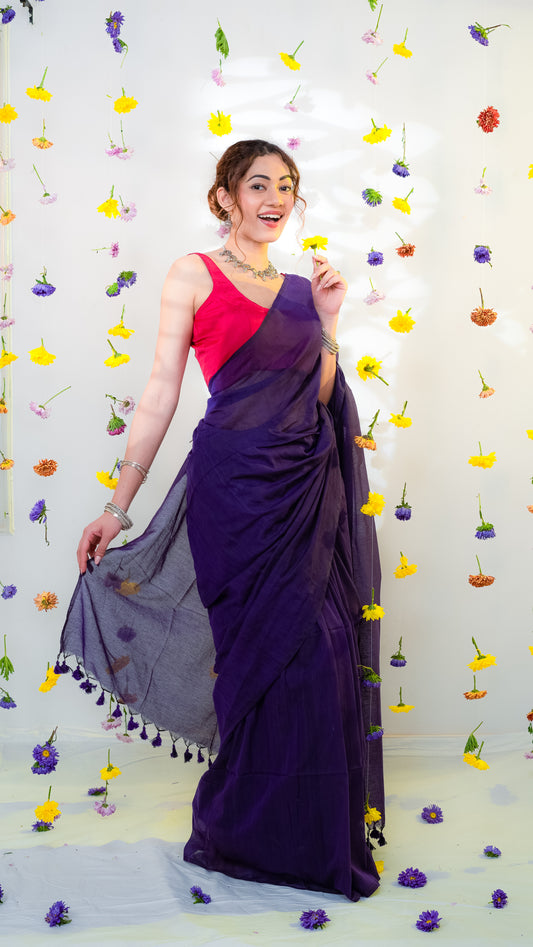 Plain Violet Pure Cotton Saree