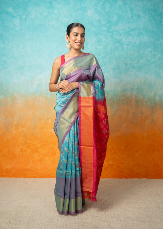 Tiffany Blue Ikkat Blended Poly Silk Saree