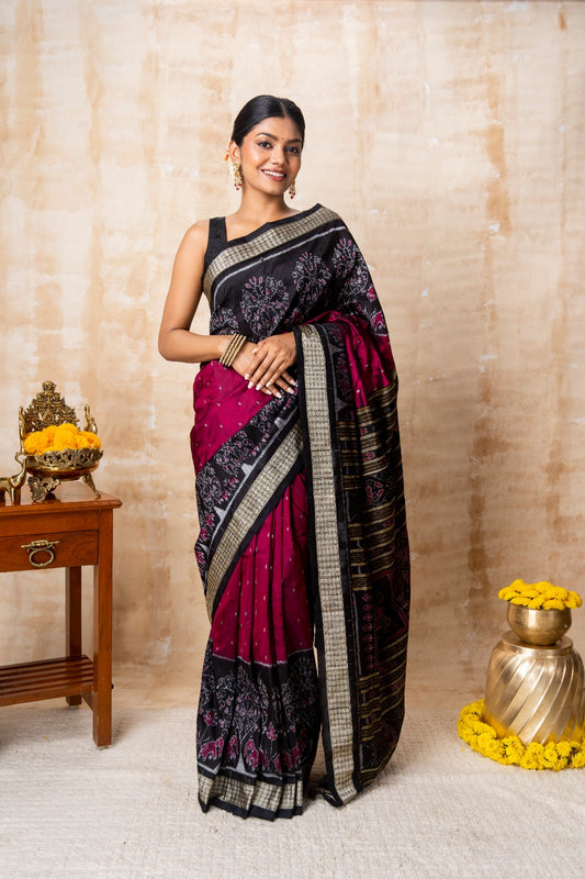 Black & Maroon Ikkat Silk Saree